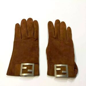 Auth Fendi Whiskey Brown Suede Logo Gloves Lined Women’s US Medium Buttery Soft